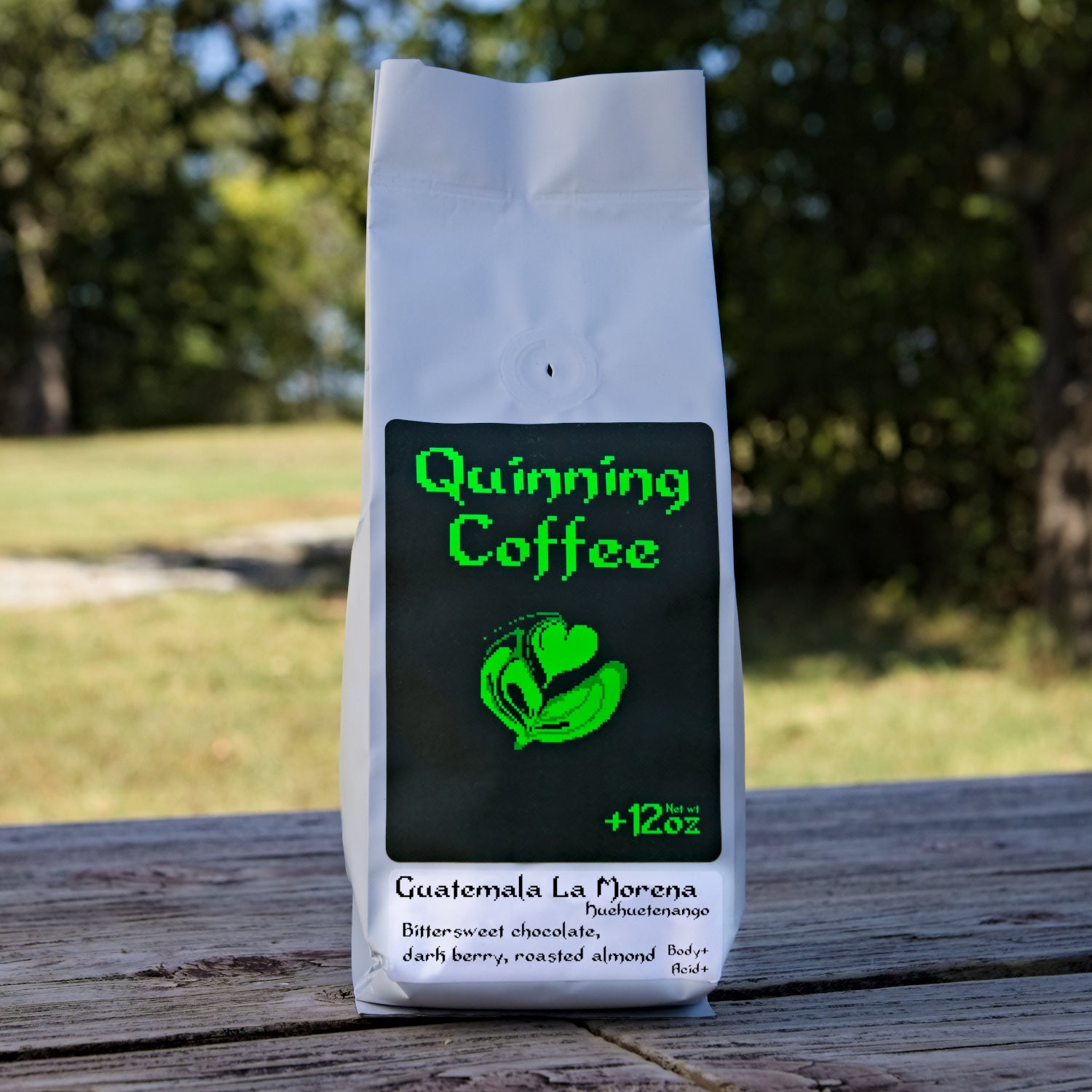 Quinning Coffee Guatemala La Morena Huehuetenango bittersweet chocolate dark berry roasted almond 12 ounce coffee bag placed on wood with nature background